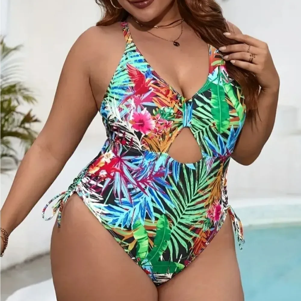 Plus Size Tropical Print Drawstring Cut Out One Piece Swimsuit sz 1X